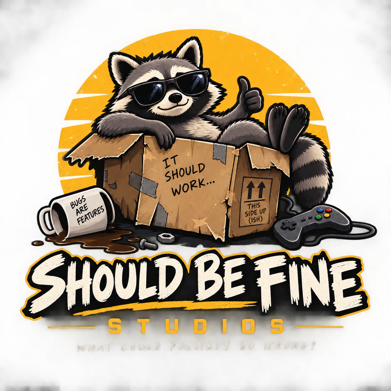 The Should Be Fine Studios raccoon: sunglasses on, thumbs up, relaxing in a cardboard box.
